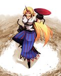  arm_up blonde_hair breasts chain clenched_hand cup fighting_stance highres horn hoshiguma_yuugi large_breasts long_hair maho_(boku_no_kao_wo_otabeyo) pointy_ears red_eyes sakazuki shirt skirt smile solo standing star t-shirt touhou tsurime very_long_hair 