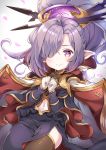  cape commentary_request dress granblue_fantasy hair_ornament hair_over_one_eye harvin highres long_hair looking_at_viewer navel nio_(granblue_fantasy) petals pilokey purple_eyes purple_hair simple_background smile thighhighs white_background 