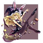  :d animal_ears black_legwear blonde_hair bow braid broom bunny_ears bunny_girl bunny_tail bunnysuit carrot ears_through_headwear full_body hair_bow hat high_heels kirisame_marisa one_eye_closed open_mouth outstretched_arm pantyhose shoes simple_background smile solo star tail touhou touya_(the-moon) witch_hat wrist_cuffs yellow_eyes 