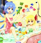  barefoot bath bathtub blonde_hair blue_eyes blue_hair blush boat bow bubble cellphone censored cirno convenient_censoring drinking_straw elephant hair_bow hair_ribbon hippopotamus multiple_girls octopus open_mouth phone red_eyes ribbon rubber_duck rumia ruu_(tksymkw) smile soap starfish steam touhou towel toy water water_gun watercraft window wings 