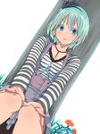  aqua_eyes aritoki_ritsu blue_eyes blush casual contemporary dutch_angle earrings face flower hair_ribbon hairband jewelry konpaku_youmu long_sleeves magatama necklace overalls ribbon shirt short_hair silver_hair simple_background sitting solo striped suspenders touhou tree 