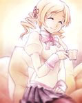  ^_^ blonde_hair bow closed_eyes cup dancho_(danch) drill_hair highres mahou_shoujo_madoka_magica pantyhose school_uniform skirt smile solo teacup tomoe_mami twin_drills twintails 