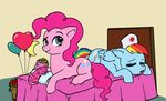 balloons bed blue_eyes candy cast cute cutie_mark equine female feral friendship_is_magic fruit fur hair hat horse mammal multi-colored_hair my_little_pony pegasus pink_fur pink_hair pinkie_pie_(mlp) plain_background plaster_ponies pony rainbow_dash_(mlp) rainbow_hair sleeping white_background wings 