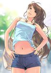  bag brown_eyes brown_hair carina_(xiaowoo) hands_on_hips happy highres long_hair midriff navel open_mouth original shorts smile solo tank_top very_long_hair 