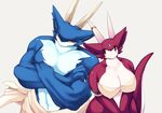  anthro bra breasts buff cleavage couple dragon female horn horns male mrsk muscles plain_background pose standing underwear white_background 