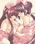  2girls bare_shoulders blush breast_grab breasts brown_eyes clenched_teeth grabbing green_eyes hat kazama_mana long_hair multiple_girls nanase_ren naughty_face night_shift_nurses nurse open_clothes open_mouth red_hair shy sideboob smile teeth undressing yakin_byoutou yuri 