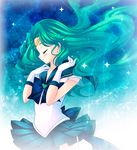  akao back_bow bishoujo_senshi_sailor_moon blush bow choker closed_eyes earrings elbow_gloves gloves green_hair highres jewelry kaiou_michiru long_hair magical_girl no_choker sailor_neptune sailor_senshi_uniform skirt solo super_sailor_neptune tiara wavy_hair white_gloves 