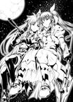  bardiche fate_testarossa full_moon greyscale long_hair looking_at_viewer lyrical_nanoha magical_girl mahou_shoujo_lyrical_nanoha_strikers monochrome moon multiple_girls raising_heart takamachi_nanoha tosh_(imonade_ryouchou) twintails 