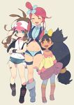  3girls bad_id bad_pixiv_id bandaid bandaid_on_leg baseball_cap big_hair black_hair blue_eyes breasts brown_hair closed_eyes fuuro_(pokemon) groin hair_ornament hat iris_(pokemon) large_breasts long_hair low-tied_long_hair midriff multiple_girls navel orange_eyes pokemon pokemon_(game) pokemon_bw red_hair short_shorts shorts touko_(pokemon) vest 