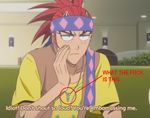  abarai_renji bandana black_eyes bleach blush closed_mouth collarbone english fansub frown hand_to_own_mouth hand_up indoors jewelry lowres male_focus necklace red_hair sanpaku screencap shirt short_sleeves sitting solo subtitled third-party_edit vest yellow_shirt 