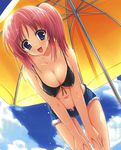  :d absurdres bikini_top blue_eyes breasts cleavage cloud copyright_request covered_nipples cutoffs day denim denim_shorts front-tie_top hanging_breasts highres large_breasts lens_flare misakura_nankotsu navel open_fly open_mouth parasol red_hair short_shorts shorts sky smile solo thigh_gap umbrella unzipped 