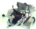  1girl arm_at_side bangs black_footwear black_hair boots breasts c.c. cable closed_eyes closed_mouth code_geass gloves green_hair hand_on_another's_head headwear_removed helmet helmet_removed knee_up lap_pillow lelouch_lamperouge long_hair long_sleeves looking_at_viewer lying medium_breasts on_back ripples ruins shoes sitting smile straitjacket very_long_hair water white_footwear white_gloves yellow_eyes yukari_(konekonekozou) 