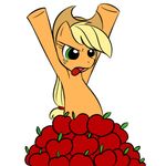  apple applejack_(mlp) blonde_hair clothed clothing cowboy_hat equine female feral freckles friendship_is_magic fruit fur green_eyes hair half-dressed hat horse kloudmutt long_hair mammal my_little_pony open_mouth orange_fur plain_background pony solo white_background 