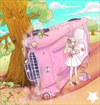  accident aqua_eyes bag blonde_hair broken car car_crash cellphone commentary_request ground_vehicle highres hitchhiking long_hair motor_vehicle original phone solo tree yuuki_rika 