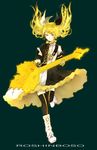  alternate_hairstyle aqua_eyes bass_guitar black_legwear blonde_hair boots detached_sleeves dress gmanee guitar hair_ornament instrument kagamine_rin kagamine_rin_(roshin_yuukai/hard_rkmix) long_hair ribbon roshin_yuukai_(vocaloid) smile solo thighhighs twintails vocaloid zettai_ryouiki 