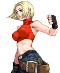  armpits bare_shoulders belt blonde_hair blue_eyes blue_mary breasts clenched_hand denim fatal_fury fingerless_gloves gloves impossible_clothes impossible_shirt jeans large_breasts loose_belt midriff muscle nakano_tomokazu navel pants shirt short_hair sleeveless sleeveless_turtleneck solo tank_top the_king_of_fighters turtleneck 