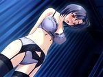  blue_bra blue_hair blue_panties blush bra garter_belt glasses legwear lingerie panties pantsu pussy_juice red_eyes short_hair sister_x_sister_~lovevery_sisters~ standing stockings tears thighhighs toma_(asagayatei) underwear underwear_only 