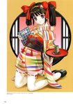  black_hair book duplicate geta happoubi_jin highres japanese_clothes jpeg_artifacts kimono kneeling obi original plate purple_eyes ribbon ribbon-trimmed_legwear ribbon_trim round_window sash scan shippou_(pattern) short_hair short_kimono solo thighhighs twintails white_legwear window 