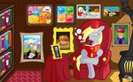  art art_gallery blonde_hair book books bubble bubbles comfy_chair crossed_legs derpy_hooves_(mlp) digital_media_(art) equine female fez friendship_is_magic hair horse mammal muffins my_little_pony painting parody pegasus picture_frame pipe pony reading recliner rug smoking stove unknown_artist wings 