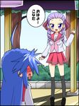  ahoge blue_eyes blue_hair blush crossover izumi_konata kagami_hiiragi lucky_star purple_hair school_uniform translated twin_tails 