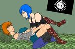  2_girls bed blue_hair bra freckles kim_pine knee_highs poster ramona_flowers red_hair scott_pilgrim undressing yuri 