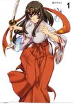  absurdres black_hair breasts covered_nipples eiwa hakama headband highres huge_breasts japanese_clothes katana long_hair low-tied_long_hair miko ofuda purple_eyes queen's_blade red_hakama ribbon-trimmed_sleeves ribbon_trim solo sword tomoe weapon 