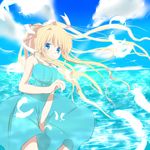  air blonde_hair blue_eyes cloud day dress feathers hair_ribbon kamio_misuzu kayune_niu long_hair ponytail ribbon sky solo sundress very_long_hair water 