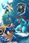  blastoise cannon claws empoleon fangs feraligatr fins gen_1_pokemon gen_2_pokemon gen_3_pokemon gen_4_pokemon gen_5_pokemon horn kuroi-tsuki no_humans ocean pokemon pokemon_(creature) samurott spikes surfing swampert swimming tail turtle water waves 