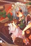  apron bad_id bad_pixiv_id bag black_eyes blush braid chocolate izayoi_sakuya leaf maid maid_headdress nanahamu short_hair silver_hair solo touhou twin_braids 