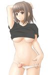  1girl black_eyes blush breasts brown_eyes brown_hair decensored erect_nipples flaccid futanari highres large_breasts midriff original panties panty_pull penis photoshop shirt short_hair solo sugestive t-shirt t_shirt uncensored underboob underwear zi-shot 