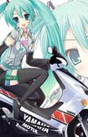  aqua_hair ayase_hikaru bibendum blue_eyes detached_sleeves ground_vehicle hatsune_miku headphones headset long_hair michelin motor_vehicle motorcycle solo thighhighs twintails very_long_hair vocaloid yamaha zoom_layer 