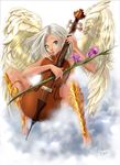  angel cello cloud convenient_censoring cris_de_lara flower musical_instrument nude white_hair wings 