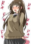  amagami bangs blunt_bangs blush brown_eyes brown_hair grey_skirt heartbeat kamizaki_risa kibito_high_school_uniform long_hair long_sleeves obentou open_mouth pleated_skirt school_uniform shouji_nigou skirt solo 