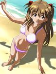  :d absurdres bangs barefoot beach bikini blue_eyes breasts brown_hair day dutch_angle eyebrows eyebrows_visible_through_hair feet foreshortening from_above full_body gentoku hair_between_eyes hair_ornament happy highres legs_together long_hair looking_at_viewer navel neon_genesis_evangelion ocean open_mouth outdoors outstretched_arm purple_bikini sand shadow shiny shiny_hair shiny_skin small_breasts smile solo souryuu_asuka_langley standing swimsuit thigh_gap two_side_up water wet wet_hair 