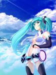  aqua_hair bridal_gauntlets center_opening cloud condensation_trail day elbow_gloves gloves green_eyes hatsune_miku hatsune_miku_(append) highres long_hair looking_at_viewer navel necktie sky solo takanashi-a thighhighs twintails very_long_hair vocaloid vocaloid_append 