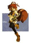  animal_ears antenna_hair black_legwear blazblue boots breasts brown_eyes brown_hair character_name copyright_name koucha_inu large_breasts makoto_nanaya midriff navel revealing_clothes short_hair solo squirrel_ears squirrel_tail tail thighhighs tonfa underboob weapon 