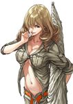  belt blue_eyes breasts brown_hair cleavage drill_hair hair_over_one_eye large_breasts long_hair makimura_shunsuke midriff mouth_hold navel no_bra open_fly oriana_thomason simple_background sleeves_rolled_up solo to_aru_majutsu_no_index unbuttoned underboob unzipped 