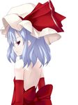  ameotoko back backless_dress backless_outfit bare_back bare_shoulders blue_hair dress elbow_gloves face gloves hat hat_ribbon looking_back no_wings profile red_eyes red_gloves remilia_scarlet ribbon simple_background solo touhou upper_body 