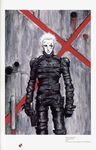  against_wall artbook blame! cowboy_shot cross cyberpunk dhomochevsky gloves gun handgun highres holding holding_weapon looking_at_viewer male_focus missing_eye nihei_tsutomu official_art pistol silver_hair solo standing weapon 