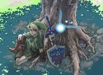  beco blonde_hair blue_eyes earrings fairy gloves hat jewelry link master_sword md5_mismatch navi pointy_ears shield sword the_legend_of_zelda the_legend_of_zelda:_ocarina_of_time triforce weapon 