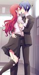  1girl blue_hair blush boots bow closed_eyes couple dan_(toupe) hair_over_one_eye hetero highres hug imminent_kiss kirijou_mitsuru kiss knee_boots long_hair musical_note persona persona_3 red_hair ribbon school_uniform skirt smile sweatdrop yuuki_makoto 