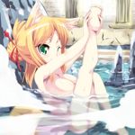  animal_ears bad_proportions barefoot bathing blonde_hair blush breasts dog_days fox_ears fox_tail green_eyes hair_ornament hair_up katuhata large_breasts leg_up navel nude one_eye_closed partially_submerged smile solo tail water wet yukikaze_panettone 