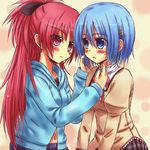  blue_eyes blue_hair blush hood hoodie mahou_shoujo_madoka_magica masarou miki_sayaka mitakihara_school_uniform multiple_girls ponytail red_eyes red_hair sakura_kyouko school_uniform short_hair 