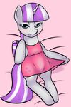  blue_eyes blush clothed clothing cutie_mark dress equine female feral friendship_is_magic fur grey_fur hair horn horse kloudmutt looking_at_viewer lying mammal my_little_pony on_back overhead pink_clothing pony simple_background solo star_sparkle_(mlp) suggestive twilight_velvet_(mlp) two_tone_hair unicorn unknown_artist 