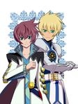  armor asbel_lhant blonde_hair blue_eyes brown_hair crossover flynn_scifo green_eyes kotori_hina male_focus multiple_boys tales_of_(series) tales_of_graces tales_of_vesperia 