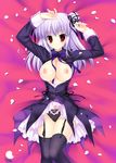  arms_up between_breasts black_legwear black_panties bow bow_panties breasts cleavage garter_straps hair_bun highres large_breasts lying mihane_reika mitha nanagane_educational_institution nipples open_clothes open_shirt panties petals purple_eyes purple_hair ribbon rose_petals shirt thighhighs underwear 