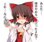  angry ascot blood bow brand_name_imitation brown_eyes brown_hair cigarette detached_sleeves empty_eyes fujieda_uzuki hair_bow hair_tubes hakurei_reimu holding_needle needle open_mouth shaded_face short_hair solo throwing_needles touhou translated yandere 