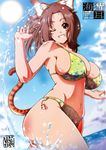  aida_kan_mori animal_ears bikini breasts brown_hair cat_ears cat_tail dutch_angle fangs grin huge_breasts navel one_eye_closed original red_eyes sideboob smile solo swimsuit tail water 