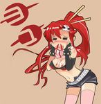  :d =_= blood blood_on_breasts blush breasts cleavage eu03 hands_on_own_cheeks hands_on_own_face large_breasts long_hair midriff navel nosebleed open_mouth ponytail red_hair scarf smile solo tengen_toppa_gurren_lagann thighhighs yellow_eyes yoko_littner 