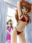  armpits bikini blue_eyes blush breasts brown_hair cleavage fitting_room grin houjou_hibiki long_hair medium_breasts minamino_kanade multiple_girls naughty_face navel precure price_tag ruriruri sideboob smile suite_precure surprised swimsuit 